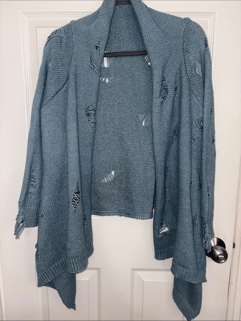 Open-Front Distressed Sweater Cardigan - Dusty Teal